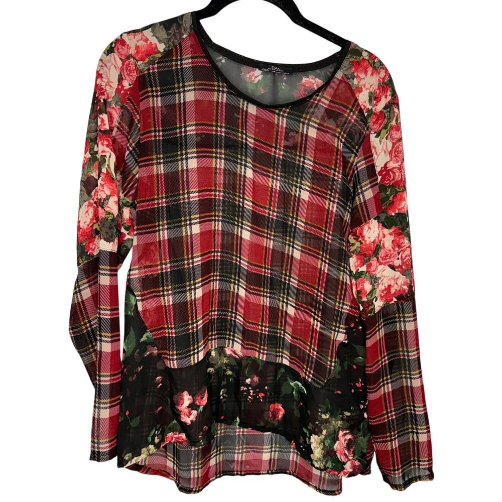 Zara Mixed Print Plaid Floral Sheer Blouse Women's Size Large Top Red Black